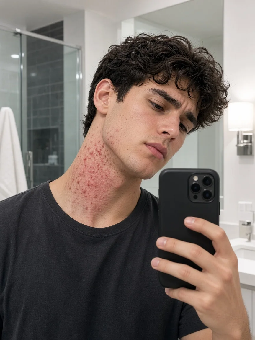 Man checking a cluster of red razor bumps on his neck in the mirror