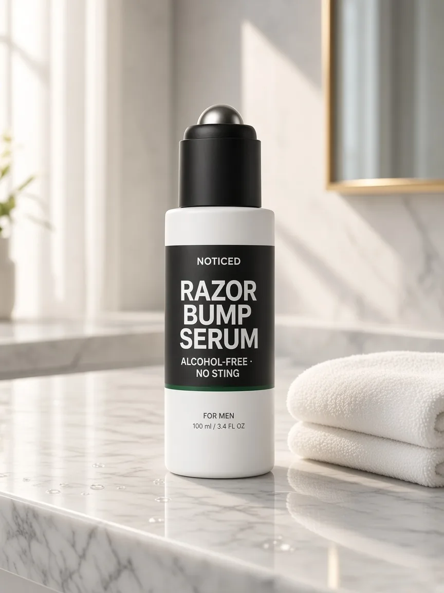 Noticed Razor Bump Serum bottle on a bathroom counter